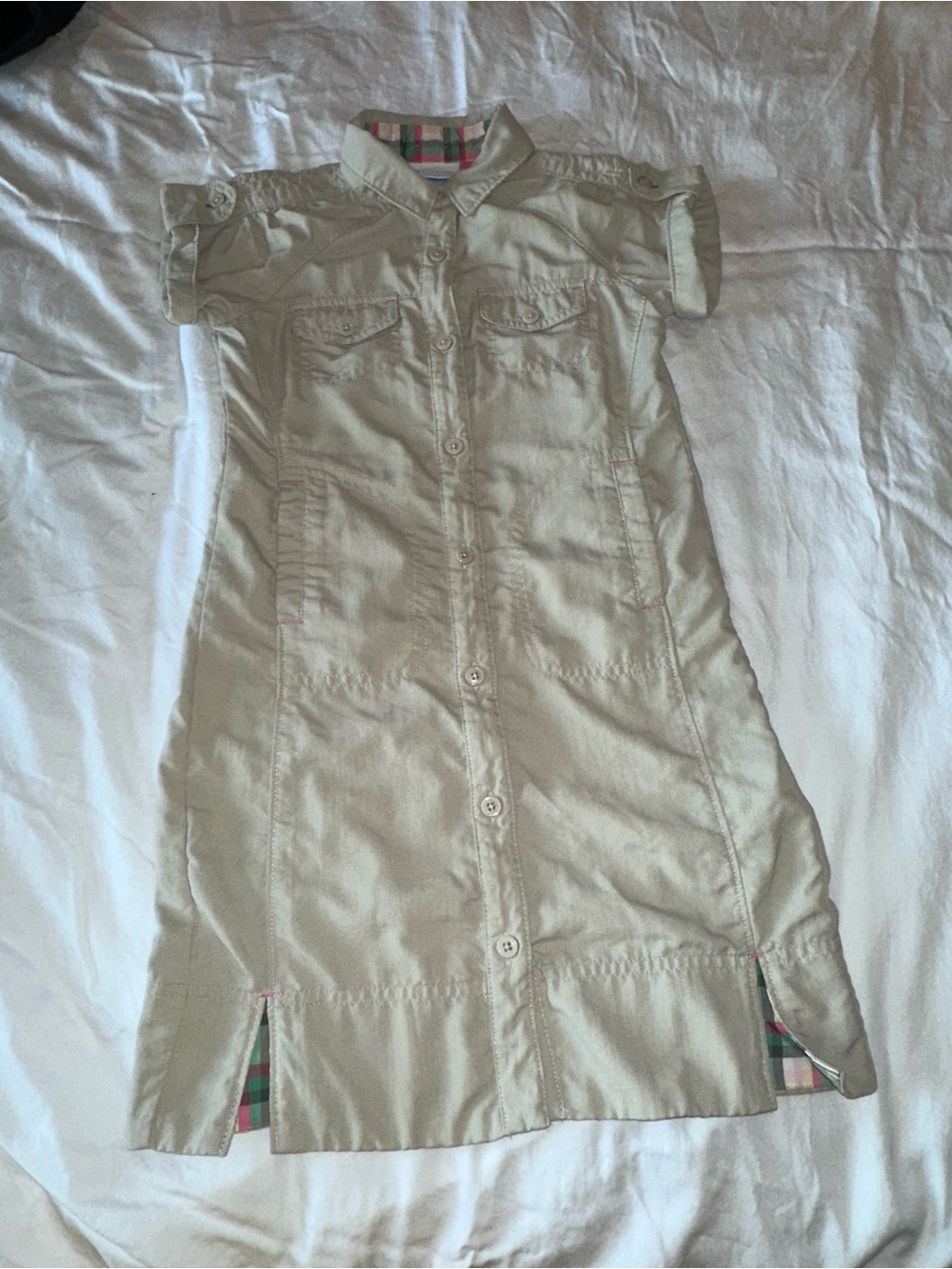 Columbia Beige Girls Dress Pink and Green Plaid Trim